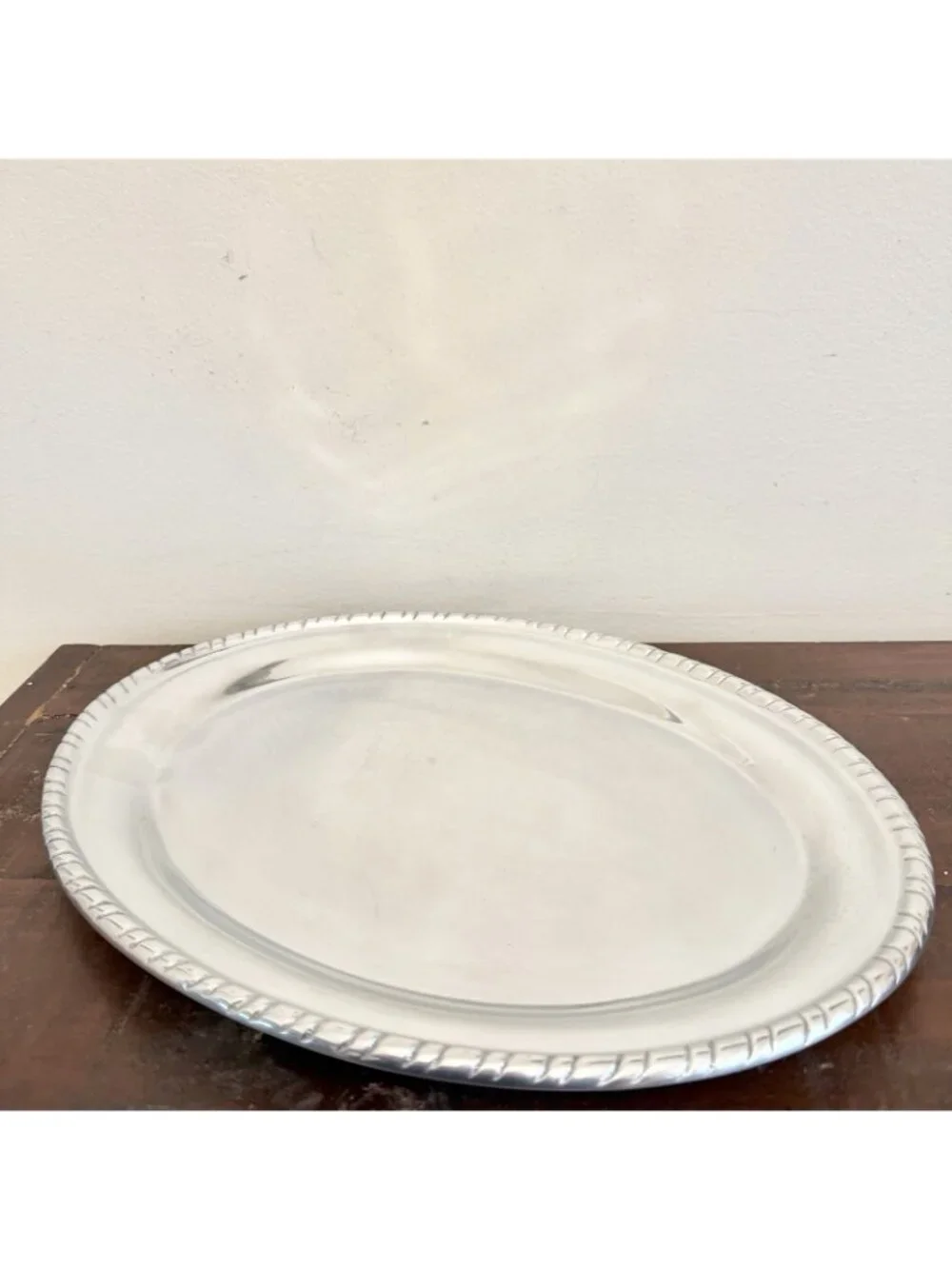 Pier 1 Imports Silver Tone Oval Serving Platter 16x12 Rope Edge Coastal Regency